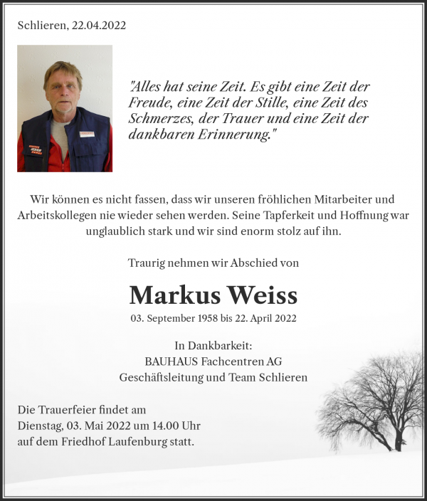 Necrologio Markus Weiss, Schlieren