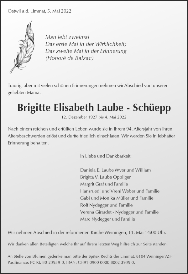 Avis de décès de Brigitte Elisabeth Laube - Schüepp, Oetwil a. d. Limmat