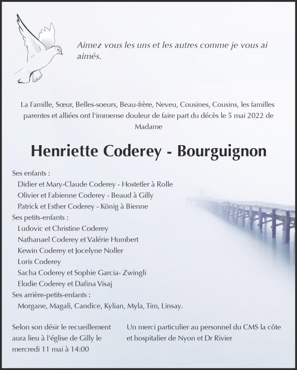 Avis de décès de Henriette Coderey - Bourguignon, Gilly