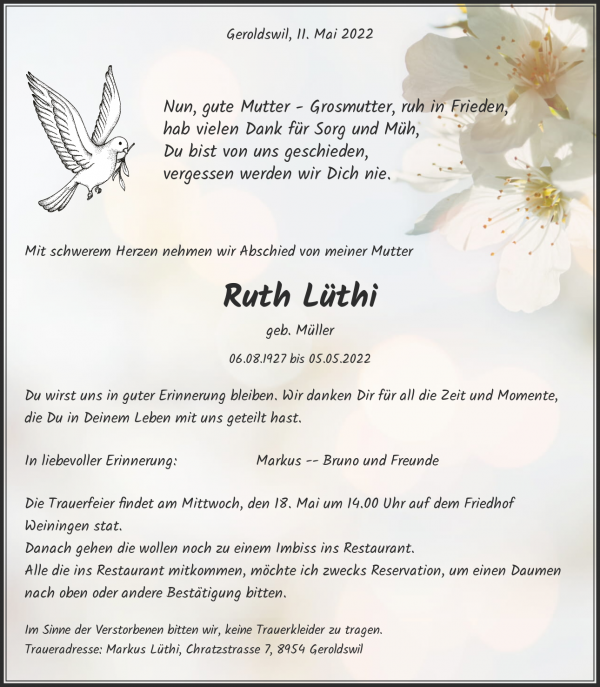 Todesanzeige von Ruth Lüthi, Geroldswil