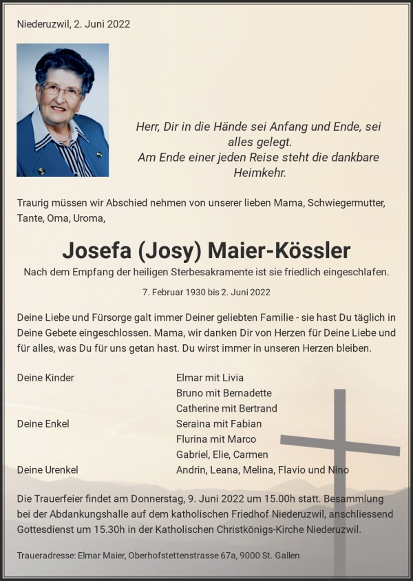 Avis de décès de Josefa (Josy) Maier-Kössler, Niederuzwil