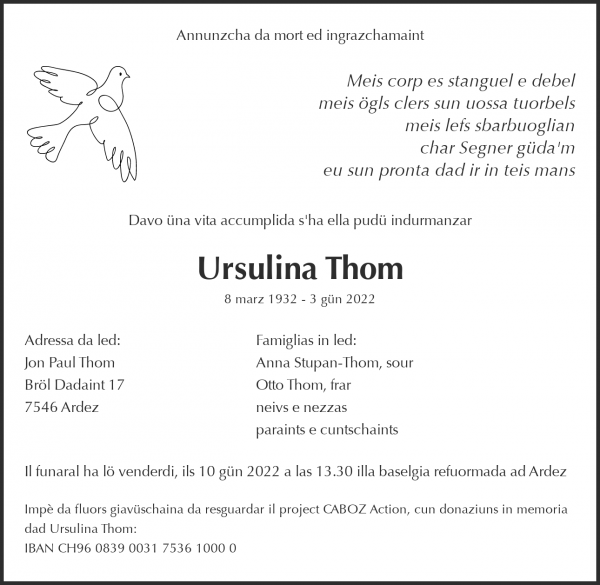 Obituary Ursulina Thom, Ardez