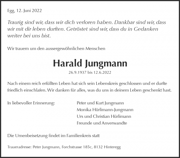 Avis de décès de Harald Jungmann, Forch