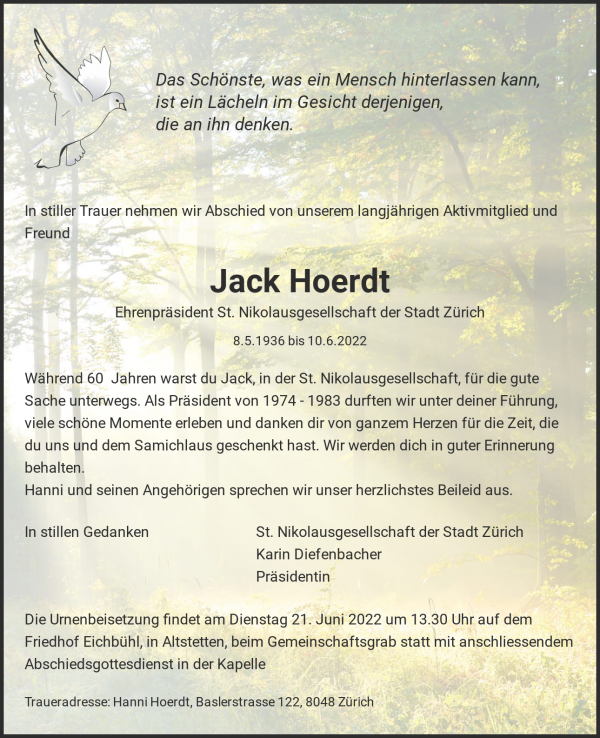 Avis de décès de Jack Hoerdt, Zürich