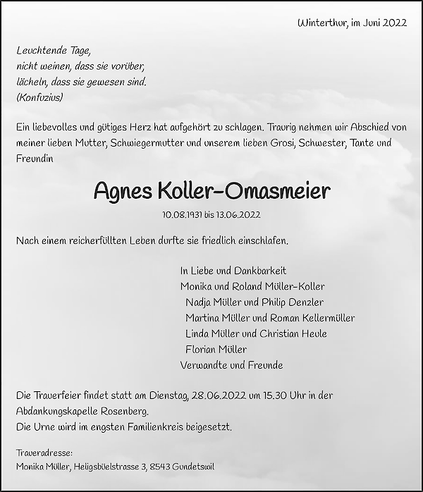 Necrologio Agnes Koller-Omasmeier, Winterthur