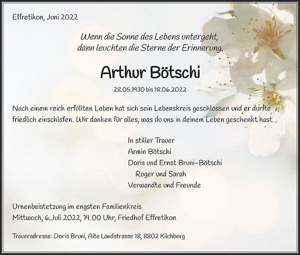 Obituary Arthur Bötschi, Effretikon