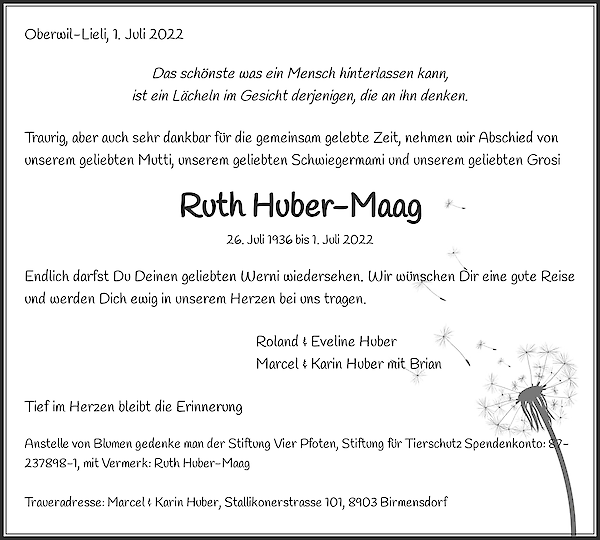 Todesanzeige von Ruth Huber-Maag, Oberwil-Lieli