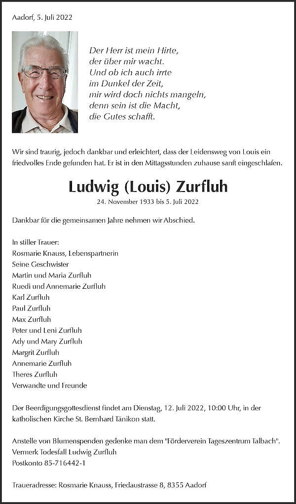 Obituary Ludwig (Louis) Zurfluh, Aadorf