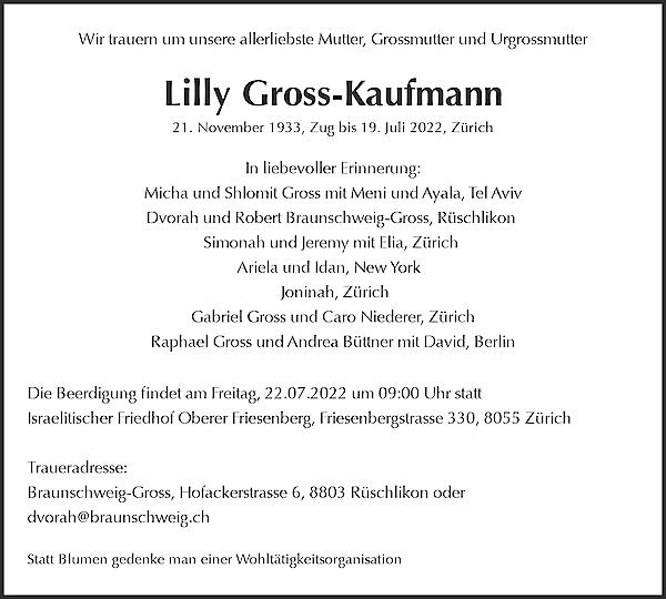 Avis de décès de Lilly Gross-Kaufmann, Zürich