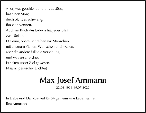 Avis de décès de Max Josef Ammann, Wil