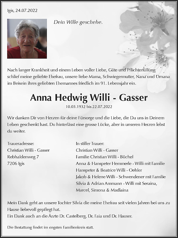 Avis de décès de Anna Hedwig Willi - Gasser, Igis