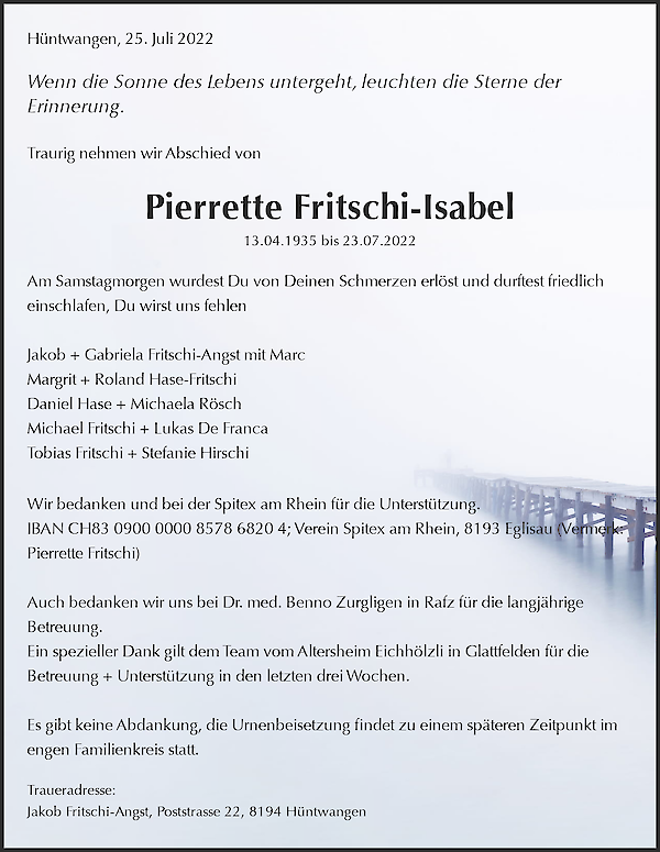 Necrologio Pierrette Fritschi-Isabel, Wil