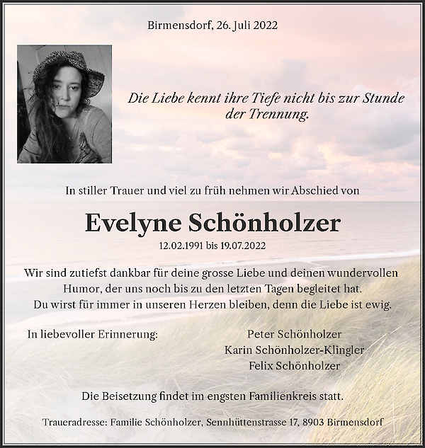 Avis de décès de Evelyne Schönholzer, Urdorf