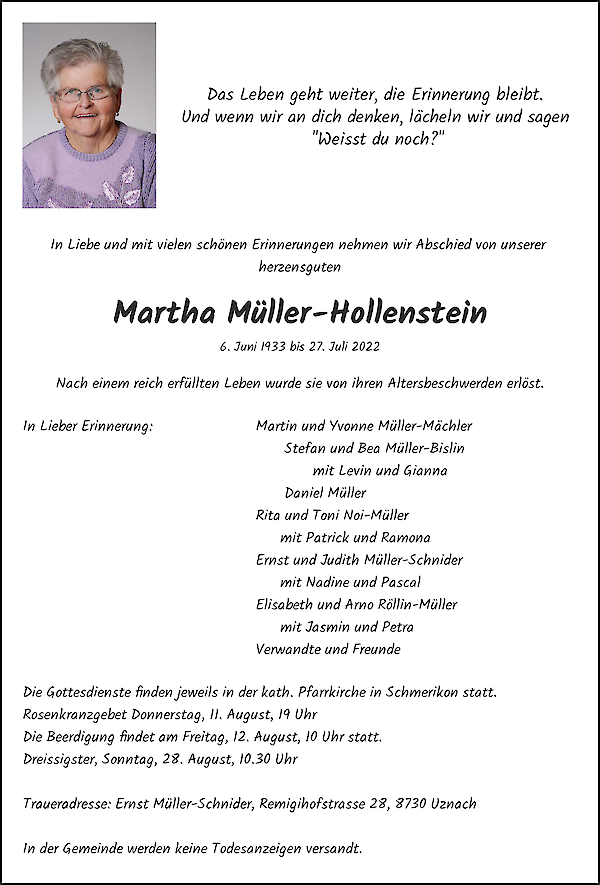 Avis de décès de Martha Müller-Hollenstein, Schmerikon