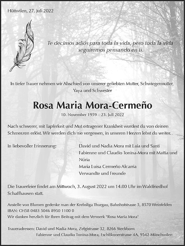 Avis de décès de Rosa Maria Mora-Cermeño, Hüttwilen