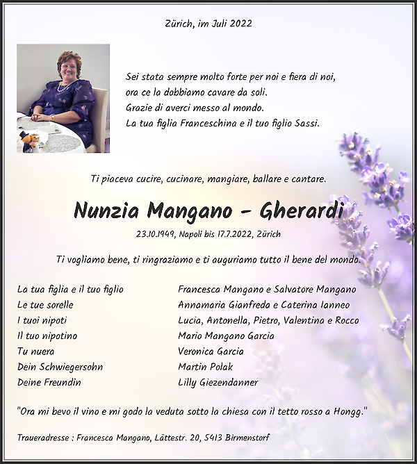 Avis de décès de Nunzia Mangano - Gherardi, Zürich