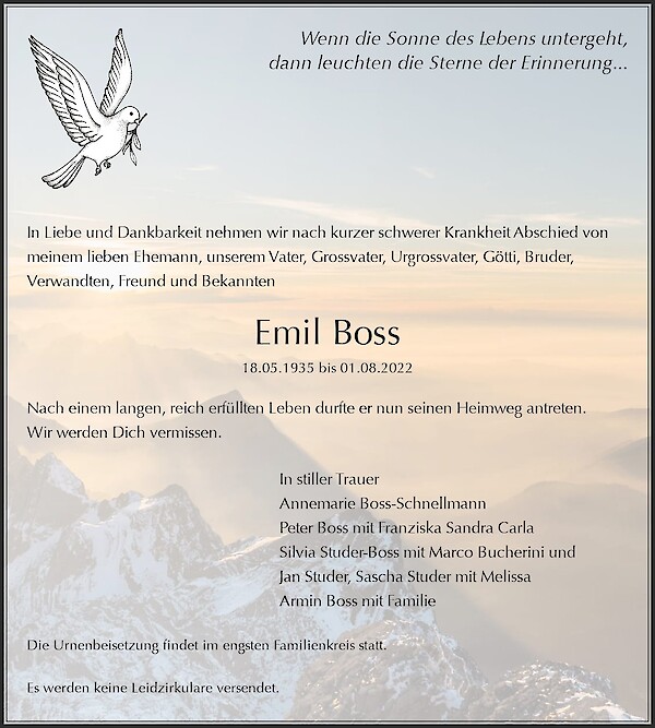 Obituary Emil Boss, Jona