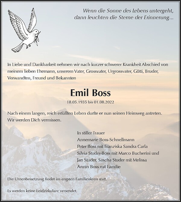 Necrologio Emil Boss, Jona