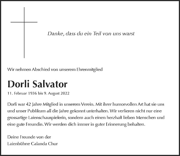 Obituary Dorli Salvator, Chur