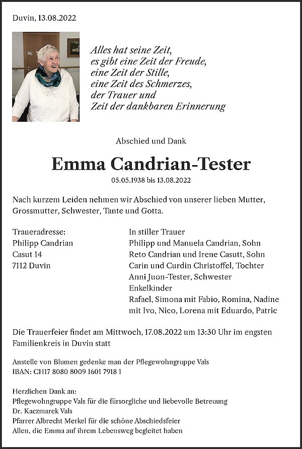 Avis de décès de Emma Candrian-Tester, Vals