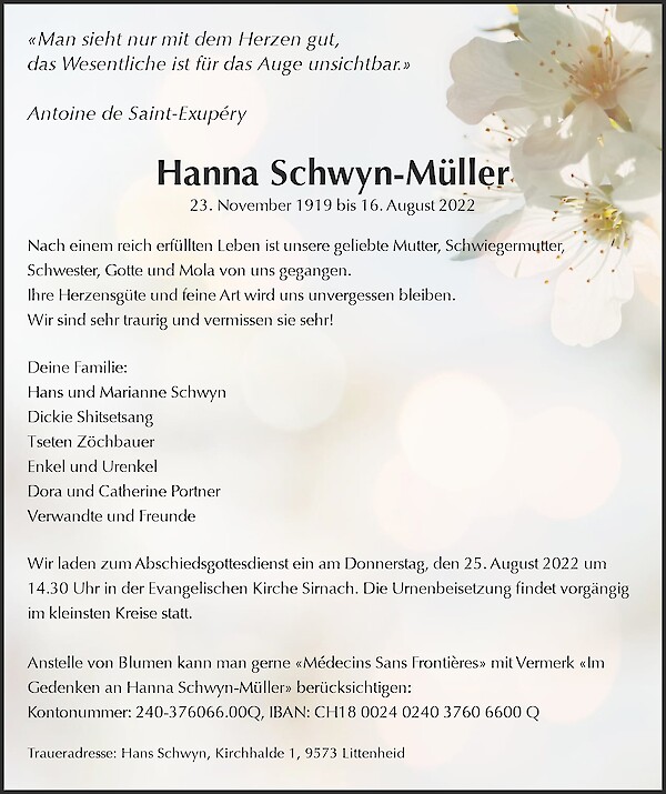 Obituary Hanna Schwyn-Müller, Littenheid