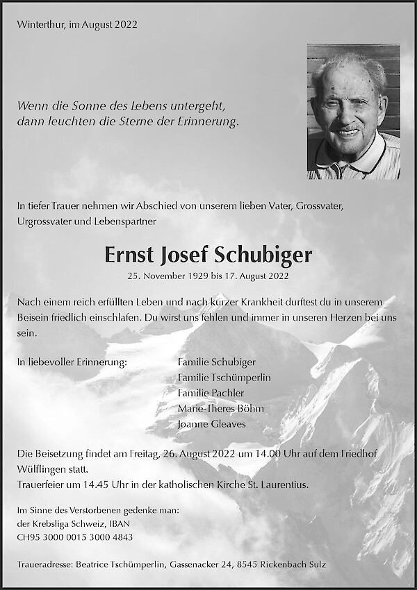 Necrologio Ernst Josef Schubiger, Winterthur