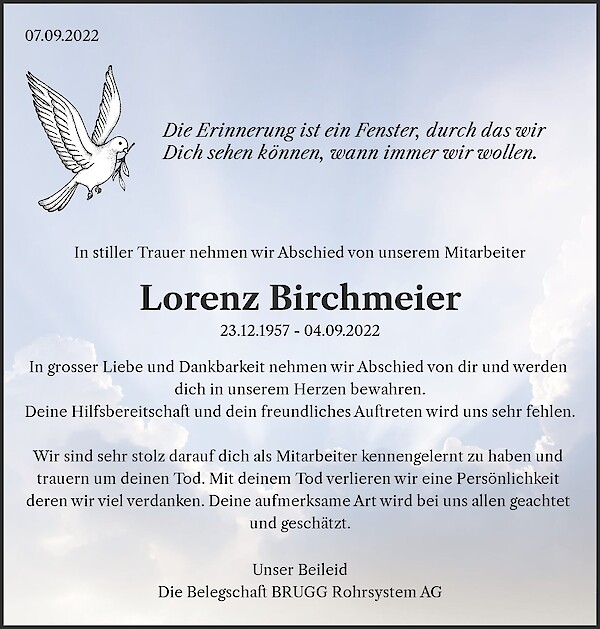 Obituary Lorenz Birchmeier, Döttingen