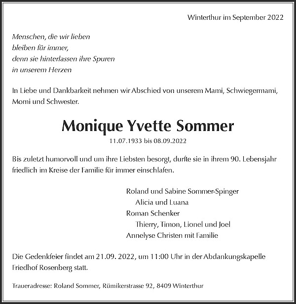 Necrologio Monique Yvette Sommer, Winterthur