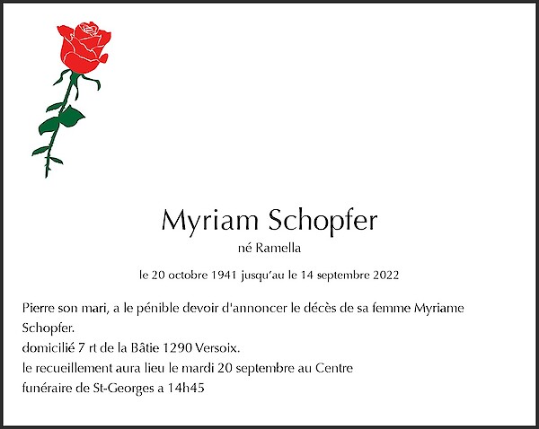 Todesanzeige von Myriam Schopfer, Versoix