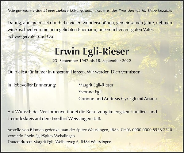 Obituary Erwin Egli-Rieser, Weisslingen