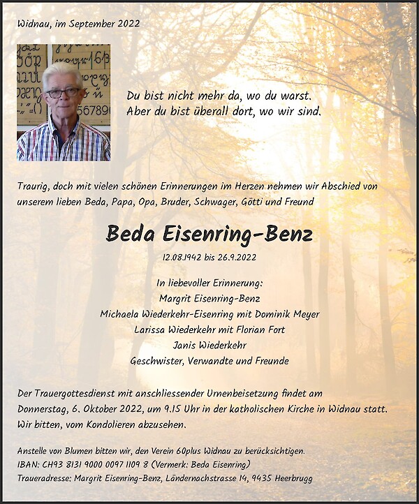 Avis de décès de Beda Eisenring-Benz, Widnau