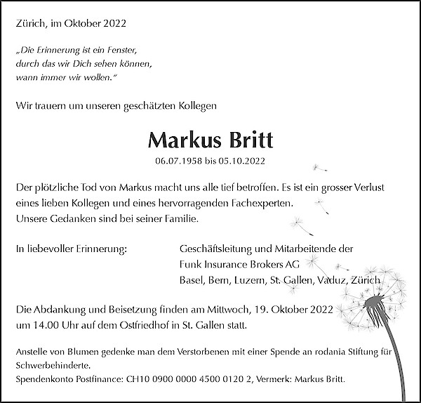 Todesanzeige von Markus Britt, Aesch