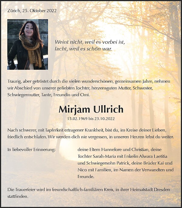 Todesanzeige von Mirjam Ullrich, Sagogn