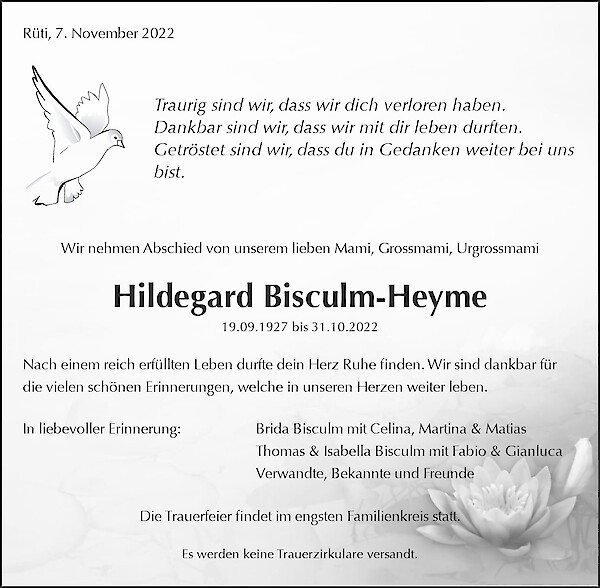 Avis de décès de Hildegard Bisculm-Heyme, Rüti ZH