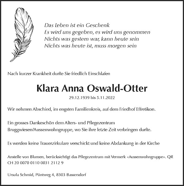 Avis de décès de Klara Anna Oswald-Otter, Effretikon