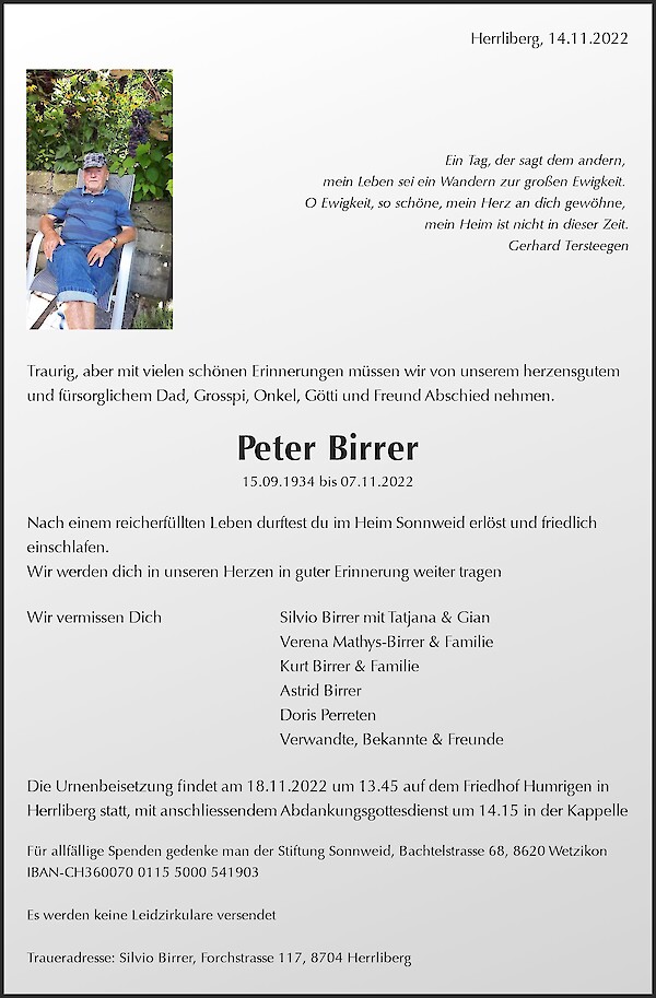 Necrologio Peter Birrer, Wetzikon