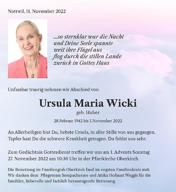 Obituary Ursula Maria Wicki, Nottwil