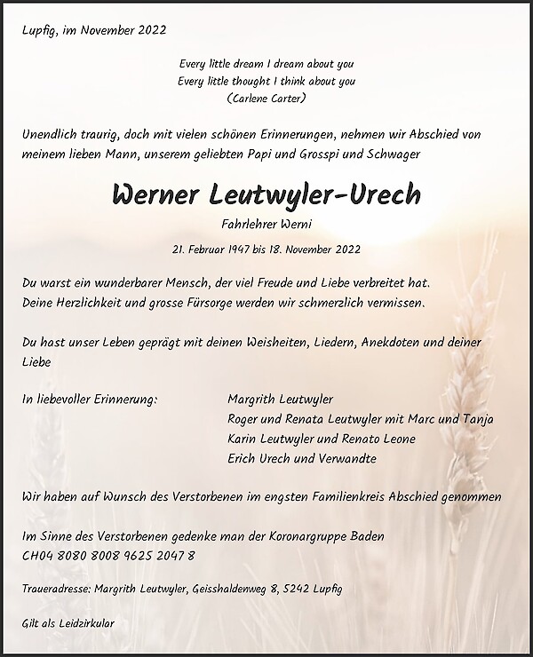 Obituary Werner Leutwyler-Urech, Lupfig