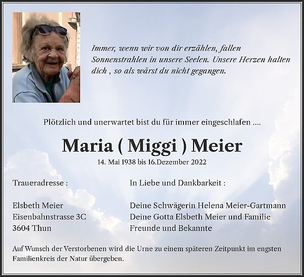 Necrologio Maria ( Miggi ) Meier, Küblis