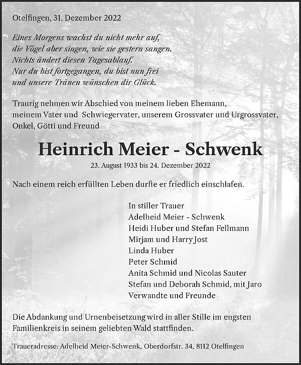 Avis de décès de Heinrich Meier - Schwenk, Otelfingen