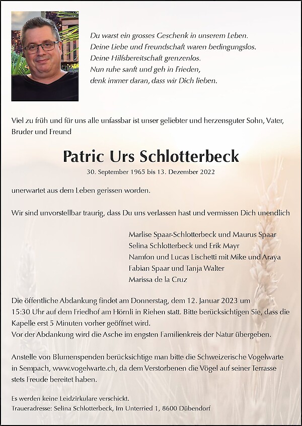 Necrologio Patric Urs Schlotterbeck, Breitenbach