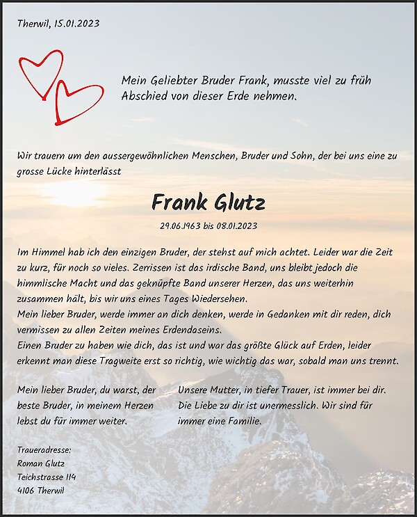 Obituary Frank Glutz, Sisseln