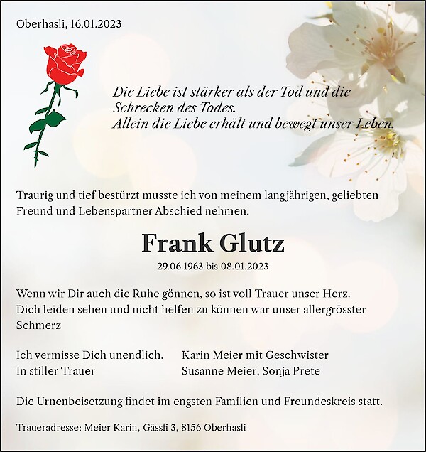 Obituary Frank Glutz, Sisseln