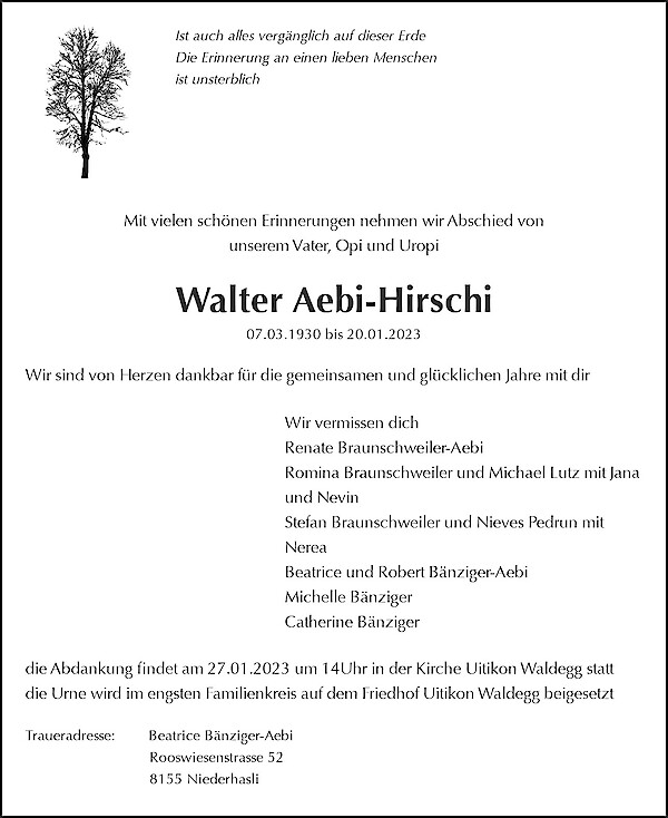 Necrologio Walter Aebi-Hirschi, Uitikon Waldegg