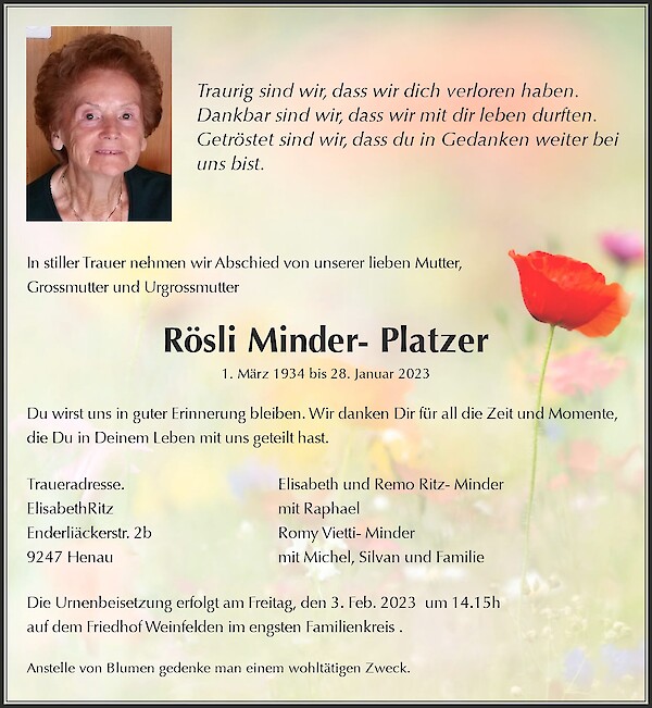 Necrologio Rösli Minder-Platzer, Weinfelden