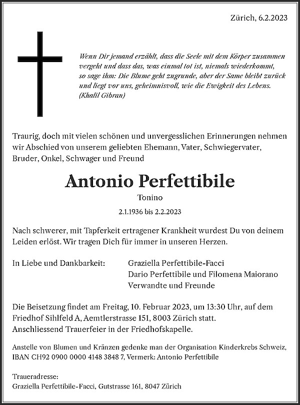 Avis de décès de Antonio Perfettibile, Zürich