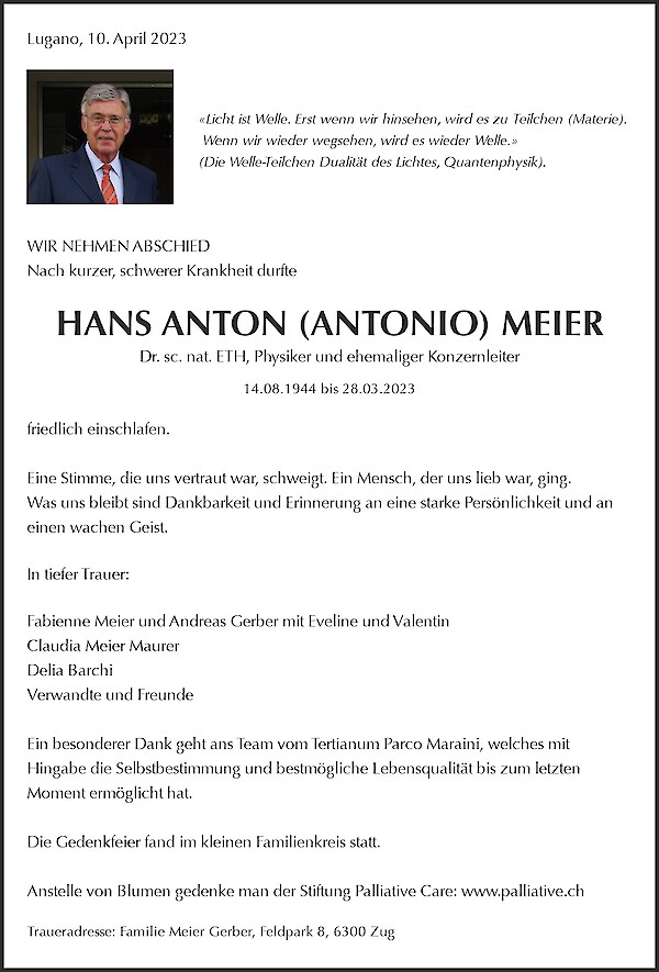 Necrologio HANS ANTON (ANTONIO) MEIER, Lugano