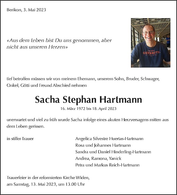 Avis de décès de Sacha Stephan Hartmann