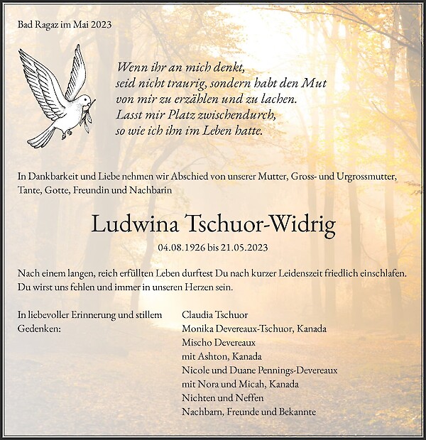 Necrologio Ludwina Tschuor-Widrig, Bad Ragaz