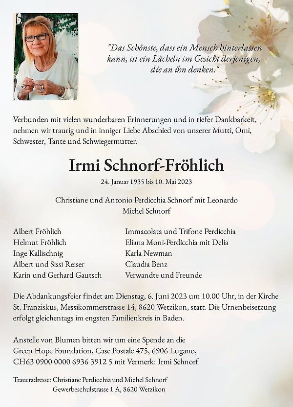 Obituary Irmi Schnorf-Fröhlich, Wetzikon